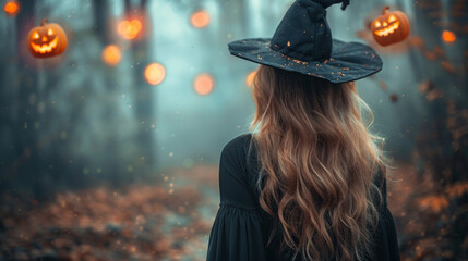 rear view of a lady in black witch hat halloween day with bokeh and blur background. Premium illustration for banners, posters, greetings and Halloween celebrations.