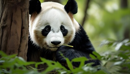 Intimate portrait of a Giant Panda nestled in a lush forest setting