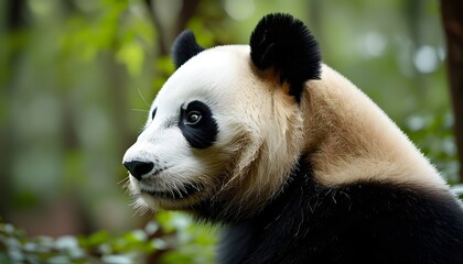 Intimate portrait of a Giant Panda nestled in a lush forest setting