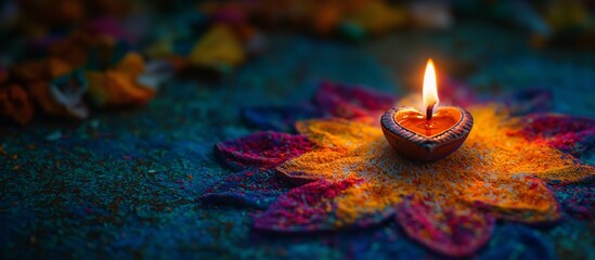 Wall Mural - A vibrant Diwali celebration featuring colorful rangoli and a glowing oil lamp on a festive night