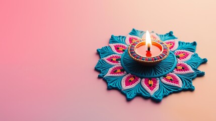 Canvas Print - Colorful Diwali Rangoli design featuring a lighted lamp on a vibrant backdrop celebrating the festival of lights