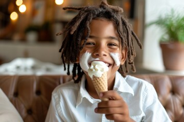 Spirited boy his confident and relaxed presence steals spotlight. Black teen's joyful expression and trendy look captivate scene. A kid's love for ice cream is undeniable.