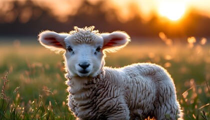 Wall Mural - Charming lamb basking in a sunlit meadow at dawn