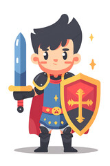 Wall Mural - a cute little knight holding a sword and shield, a simple flat vector illustration on a white backgr