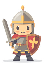Wall Mural - a cute little knight holding a sword and shield, a simple flat vector illustration on a white backgr