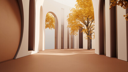 Wall Mural - Futuristic architecture with autumn trees and piles of fallen leaves