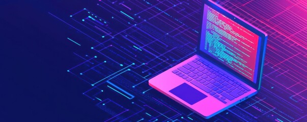 Isometric illustration of coding environment, crossplatform application development, collaborative digital space