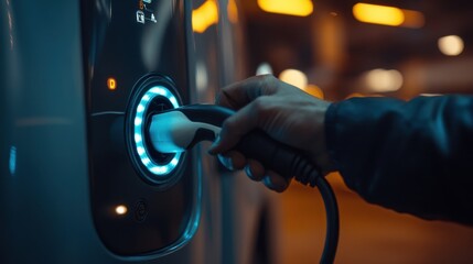 A close-up view of a hand connecting an electric vehicle charger, showcasing modern technology in a dimly lit environment.