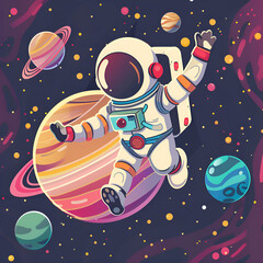 a playful cartoon astronaut floating in space alongside colorful planets. whimsical space illustrati
