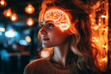 Poster - Neurofeedback neuron mapping cognition mapping photoreceptors and mental health woman with a glowing brain under warm lighting symbolizing intelligence creativity and neural activity