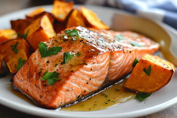 Canvas Print - A plate of grilled salmon with roasted sweet potatoes and herbs.