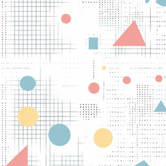 Wall Mural - A colorful pattern of shapes and circles on a white background. The shapes are triangles and squares, and the circles are yellow, blue, and pink. The pattern is abstract and playful