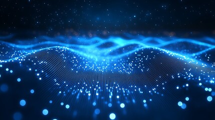 A stunning abstract background featuring waves of blue light and glowing particles, perfect for technology and digital themes.