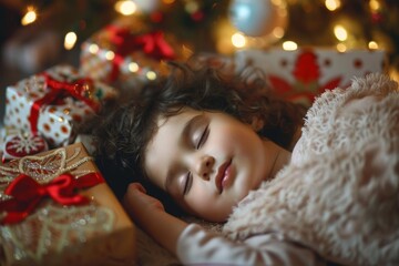 Wall Mural - A delicate girl rests comfortably her black locks softly curled. A sleeping girl pure blissful repose black hair softly cascading. Subtle power of rest symbolizing rejuvenation and inner peace.