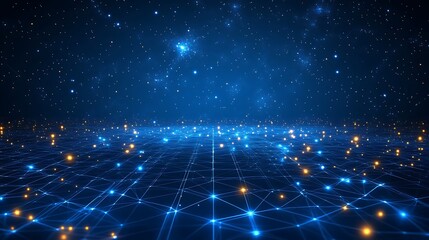 Poster - A stunning blue grid with glowing nodes, representing a digital universe filled with stars and connectivity.