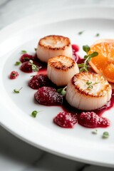 Wall Mural - Seared scallops with blood orange segments arranged beautifully on a white plate showcasing vibrant colors and elegant design