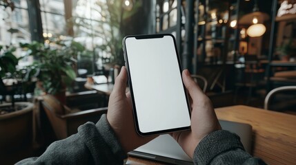 female sitting at a computer holding a mock mobile phone with blank screen.