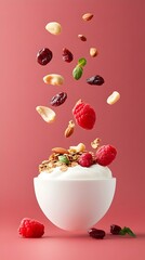 Wall Mural - Granola Delight A Bowl of Creamy Yogurt Topped with Nutty Clusters and Dried Fruit  Captivating Texture Against a Clean Background