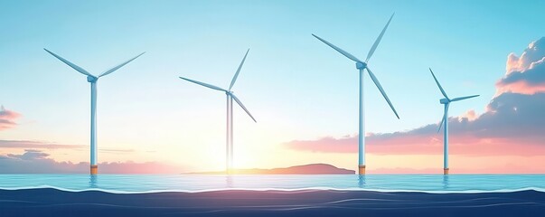 Coastal wind turbines in a flat design style, minimalist ocean and sky, clean and modern representation of renewable energy