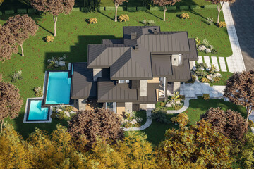 3d rendering of modern two story house with gray and wood accents, large windows, parking space in the right side of the building, surrounded by trees and bushes, daylight in autumn day