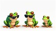 © Qstock - Three cute cartoon frogs with big red eyes wearing sunglasses, perfect for children's books, educational materials, or playful greeting cards.