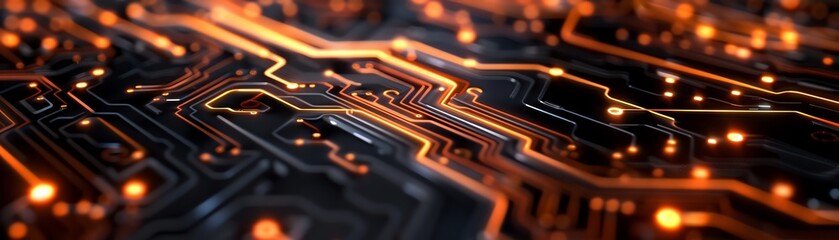 Poster - Close-up view of an intricate circuit board featuring glowing orange lines and dots, symbolizing technology and connectivity.