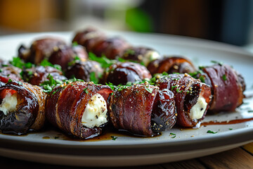 a plate of stuffed dates wrapped in bacon, garnished with herbs and drizzled with sauce.