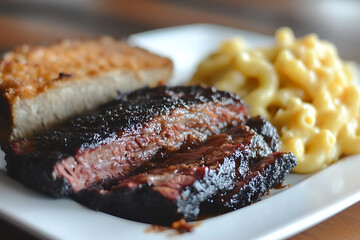 Wall Mural - A plate featuring smoked brisket, macaroni and cheese, and a side of meat.