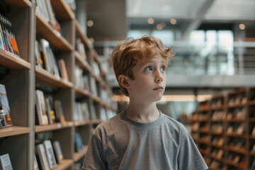 Wall Mural - little schoolboy in library