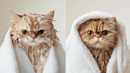 Poster - A before-and-after comparison of a cat bath, showing a wet, soapy cat followed by a clean and fluffy cat wrapped in a towel.