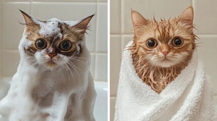 Poster - A before-and-after comparison of a cat bath, showing a wet, soapy cat followed by a clean and fluffy cat wrapped in a towel.