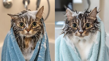 Poster - A before-and-after comparison of a cat bath, showing a wet, soapy cat followed by a clean and fluffy cat wrapped in a towel.
