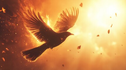 Poster - A bird in flight with the sun illuminating its feathers, creating a dramatic and glowing effect against the sky.
