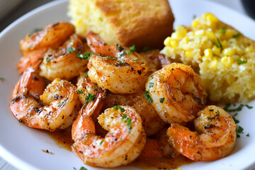 Canvas Print - A plate of seasoned shrimp with cornbread and corn, showcasing a delicious meal.