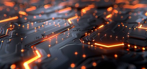 Poster - Futuristic circuit board with glowing orange lines and intricate patterns, ideal for technology and innovation themes.