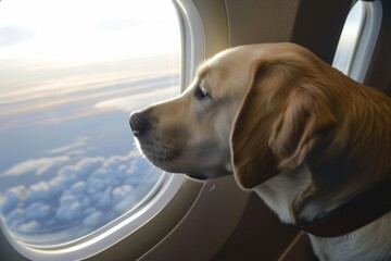 A dog gazes out an airplane window, intently watching the clouds below, capturing a moment of travel and curiosity.