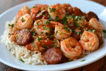 Canvas Print - A plate of shrimp and sausage stew served over rice, garnished with parsley.