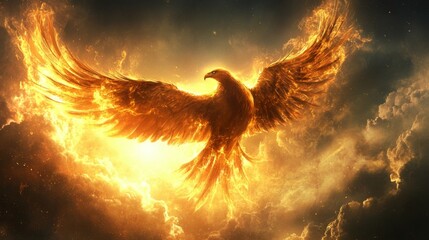 Poster - A bird in flight with the sun illuminating its feathers, creating a dramatic and glowing effect against the sky.