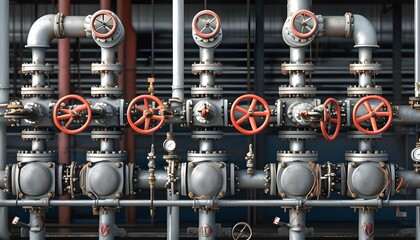 Wall Mural - Industrial shut-off valves and faucets integrated into pipelines at an oil refinery facility