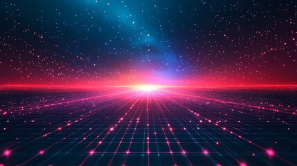 A vibrant cosmic landscape featuring a grid and dazzling lights, evoking a sense of vastness and futuristic digital realms.