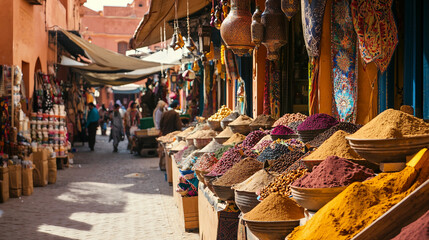 a busy market with many people and colorful spices. scene is lively and bustling