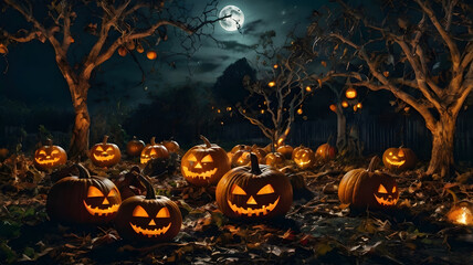 autumn night filled with carved pumpkins in a mystical forest under a full moon