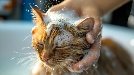 Poster - A cat being bathed in a pet grooming salon, with a professional groomer using gentle techniques to ensure the cat comfort during the bath.