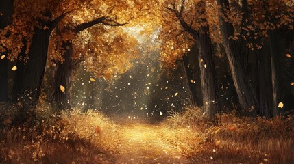 Sticker - Enchanting Autumn Woodland Path Illuminated by Sunlight