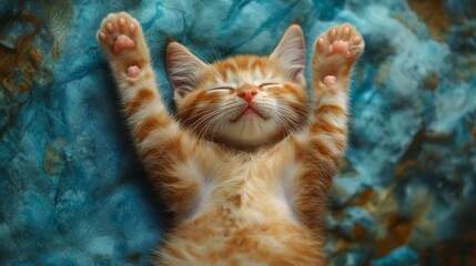 Poster - A cat sleeping in a funny or unusual position, such as on its back with paws in the air, creating a charming and whimsical scene.