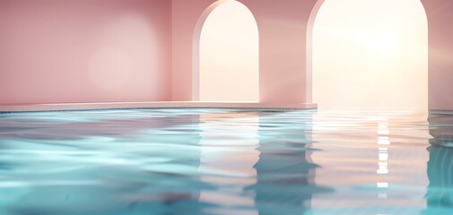 Aufkleber - Serene interior with tranquil water, soft pink tones, and elegant arches reflecting soothing light. Perfect for relaxation themes.