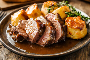 Wall Mural - A plate of sliced roast meat with gravy, accompanied by potato dumplings and herbs.