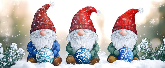 Sticker - Winter set of gnomes with snowflakes. Watercolor christmas gnome, dwarves family in hats with scandinavian ornament and snow flakes