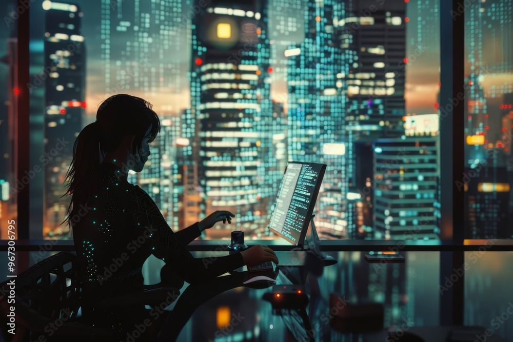 An engrossed coder works late into the night in a modern city office ...