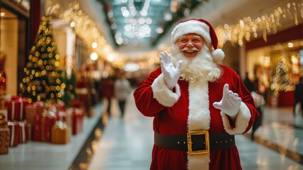 Festive scene of Santa Claus in a mall, smiling and surrounded by Christmas trees, lights, shoppers, and presents. Christmas